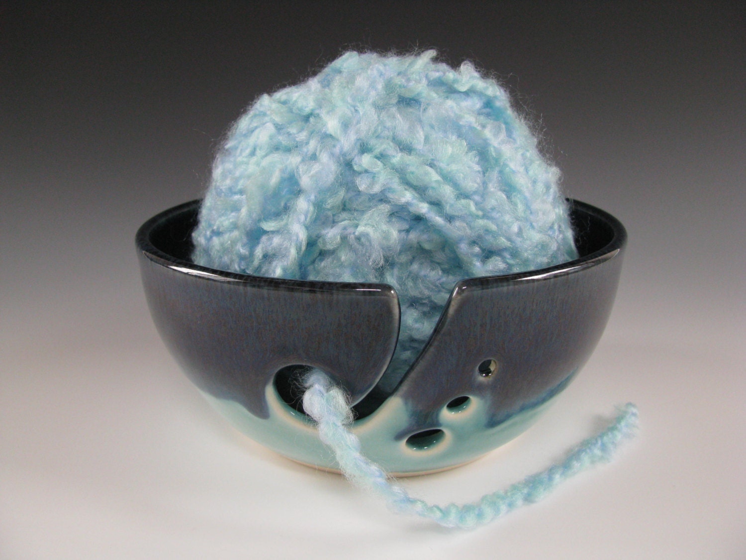 Ceramic Pottery Yarn Bowl / Knitting Bowl in Dark Blue and Turquoise - READY TO SHIP