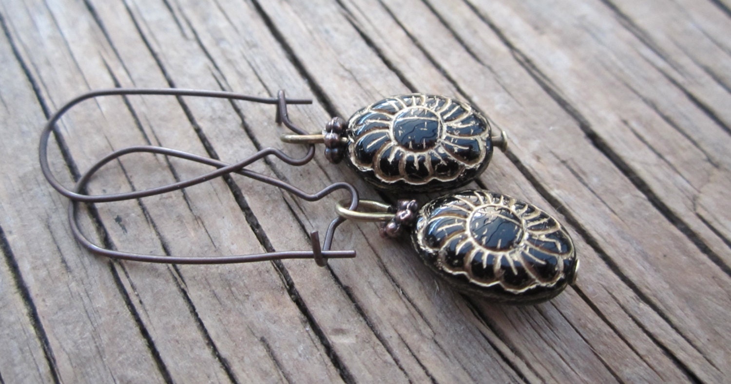 Gorgeous carved black and gold earrings,antique looking, on long ear wires
