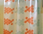 White Shower Curtain with Astera Print in Deep Orange and Pale Aqua