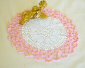 Dainty Pink and Yellow Daisy Doily handmade vintage crochet antique linens home decor lace housewares needlecraft collectibles