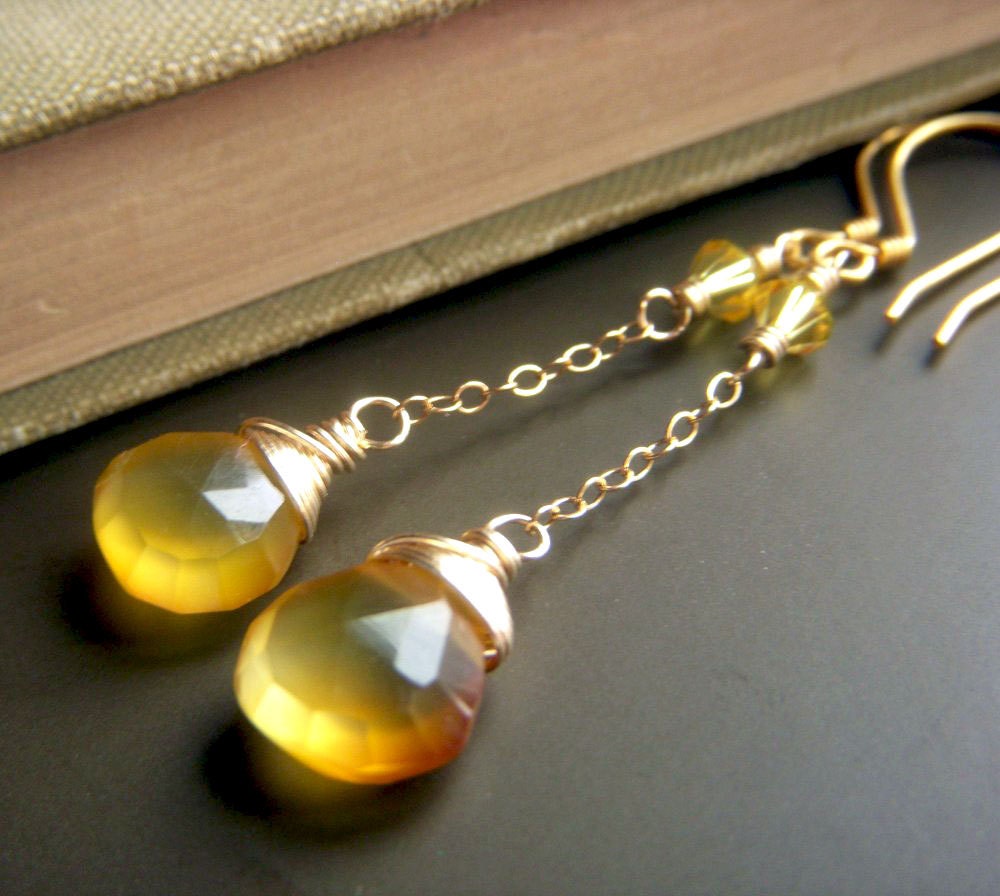 Yellow Chalcedony Earrings on Gold Vermeil . Wirewrapped Gemstone Briolette Dangle Chain . Buttercup