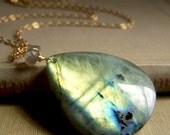 Large Labradorite Pendant Necklace on Goldfill . Fiery Luminous Briolette Gemstone . Northern Lights