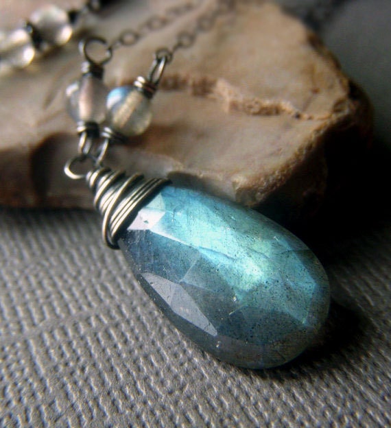 Labradorite Briolette Necklace on Oxidized Sterling Silver . Fiery Blue Wirewrapped Gemstone . Incandescent