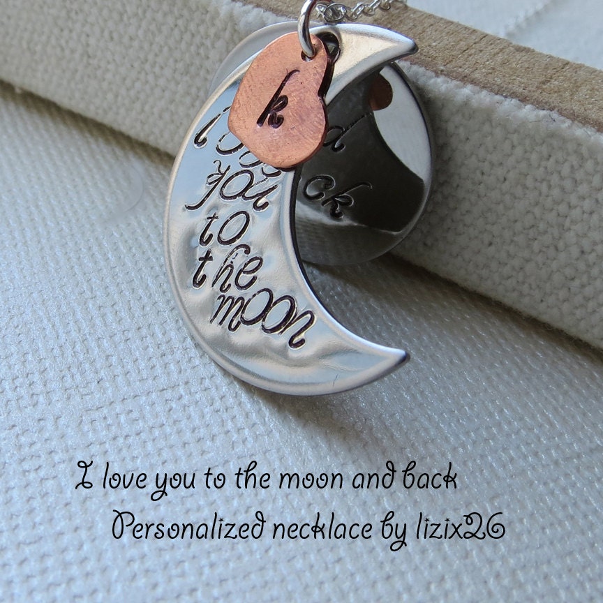 I love you to the Moon and Back Personalized Necklace, sterling silver, stamped initial heart, lovely gift, grandma, family jewelry