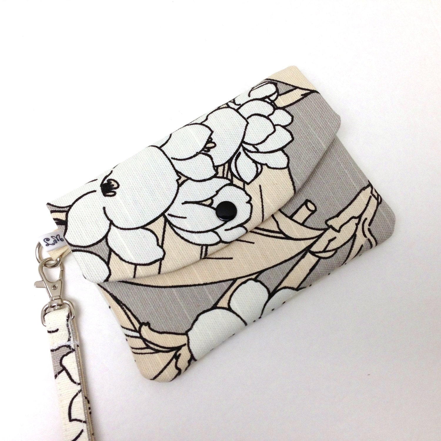 iPhone Wristlet Phone Wallet - Cream Flowers on Taupe