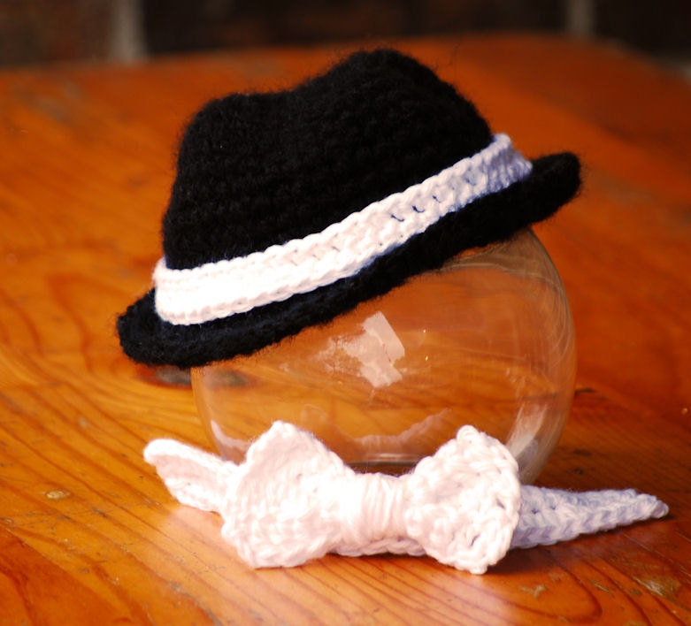 Baby hat, Fedora Hat , bow tie set  , cowboy hat Size newborn 0  3 6 12 months photo prop MADE TO ORDER