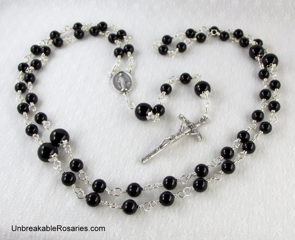 Miraculous Medal Wire Wrapped Rosary Beads In Black Onyx by Unbreakable Rosaries