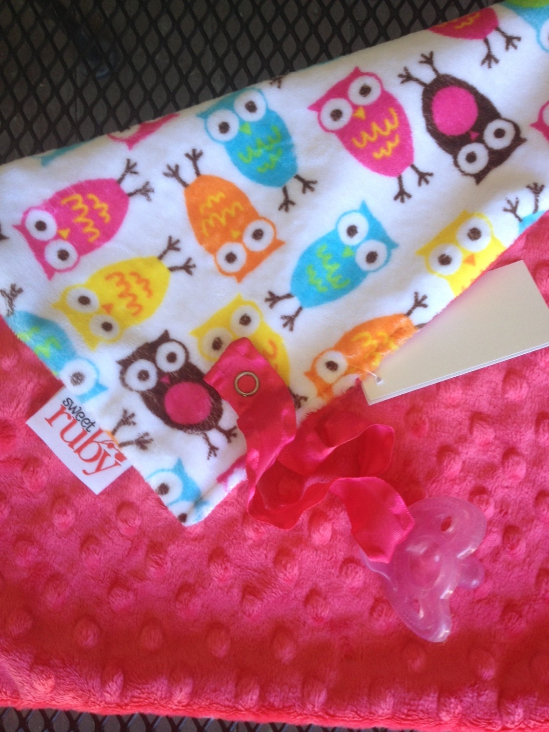 New Hot Pink Owl Minky Pacifier Blanket