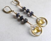 Citrine and Iolite Earrings with Gold Rings