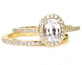 Oval White Sapphire Wedding Set Engagement Ring Oval Diamond Halo Setting 14K White Yellow Rose Gold Bridal Jewelry