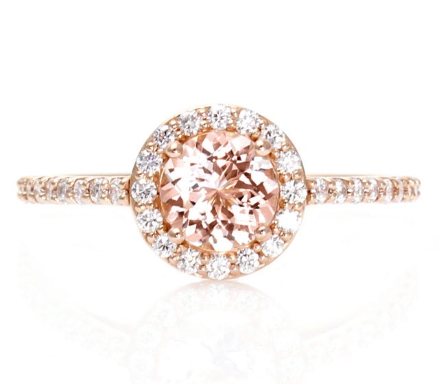 14K Morganite Engagement Ring Diamond Halo Rose Gold Custom Bridal Jewelry