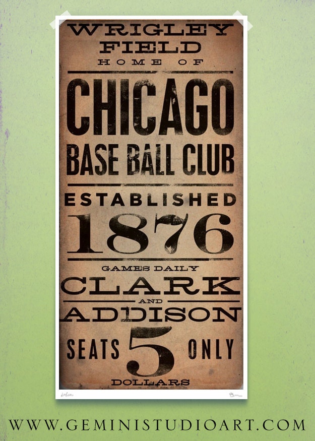Wrigley Field Chicago Cubs Baseball  vintage style typography giclee archival print 16 x 32 inches