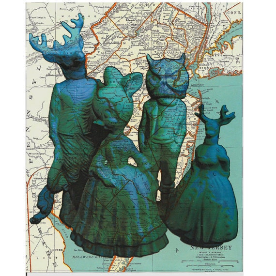 Runny Bunny in New Jersey digital mono print on vintage map