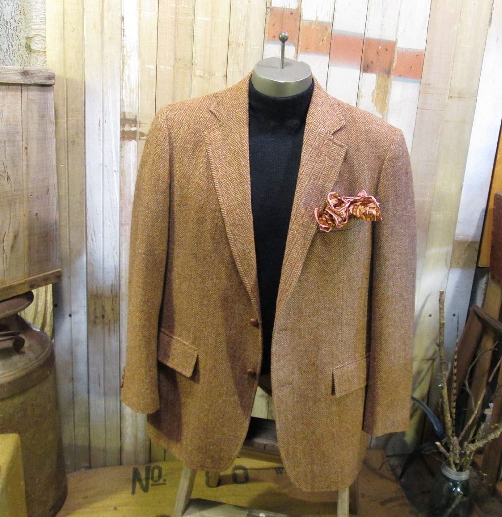 Vintage Harris Tweed Jacket Herringbone brown fleck wool 80s coat M L