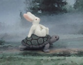 Whimsical Rabbit Greeting Card  THE RACE--  Set of 4 cards of 1 design