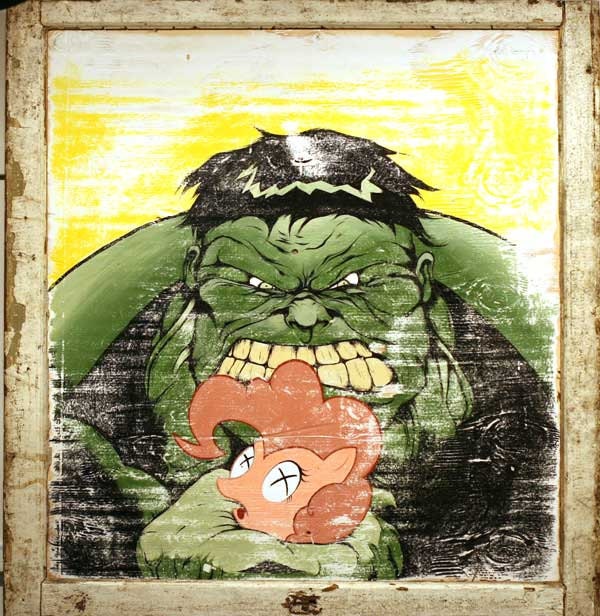 Original hand painted acrylic comic pop art on wood framed in anitque wood window