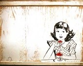 Original hand painted acrylic vintage retro pop art on wood framed in anitque wood window