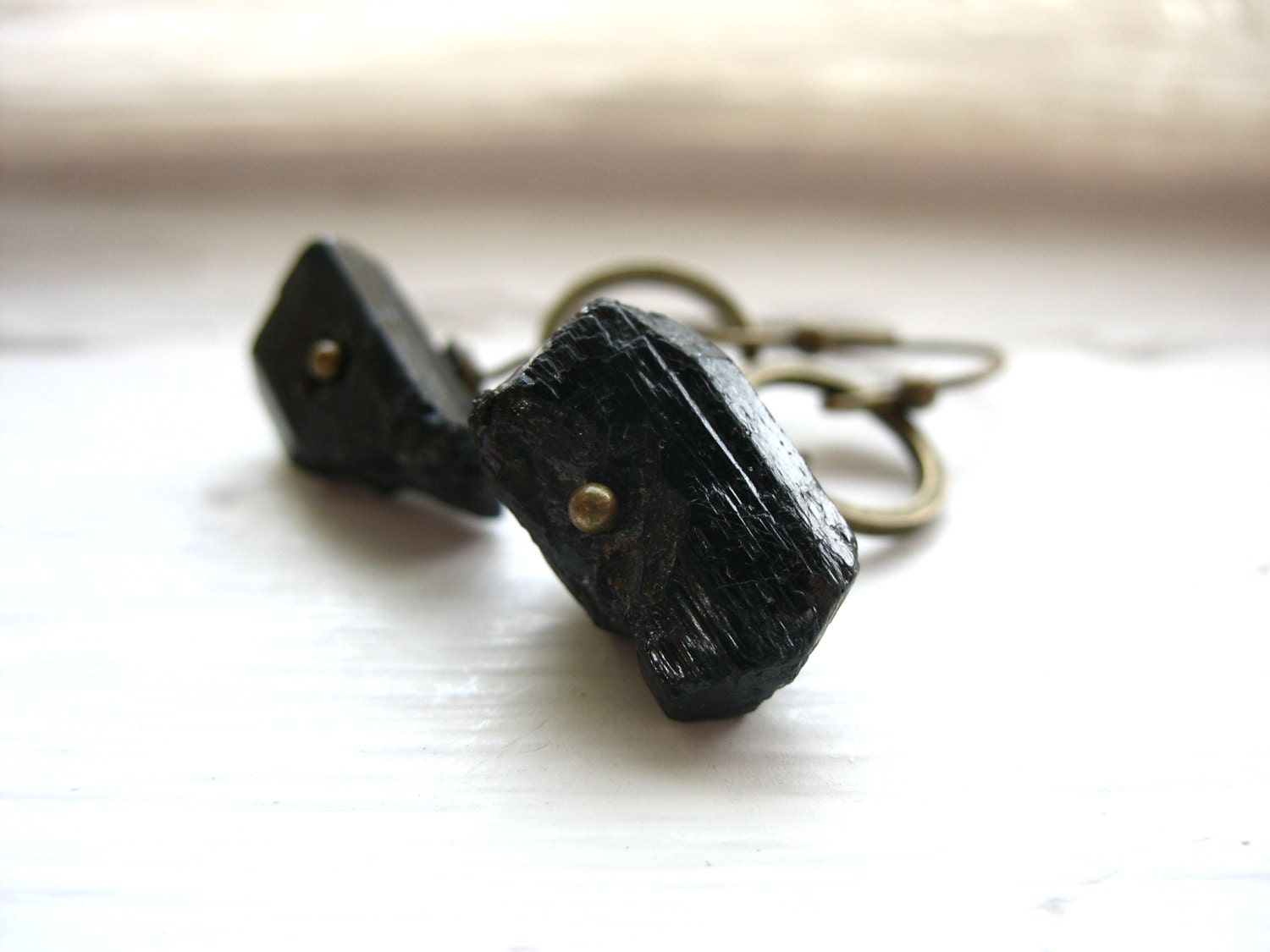 Tourmaline Earrings, Black Tourmaline Brass Hoop Gemstone Dangle Drop Earrings, Tourmaline Jewelry, FREE Shipping