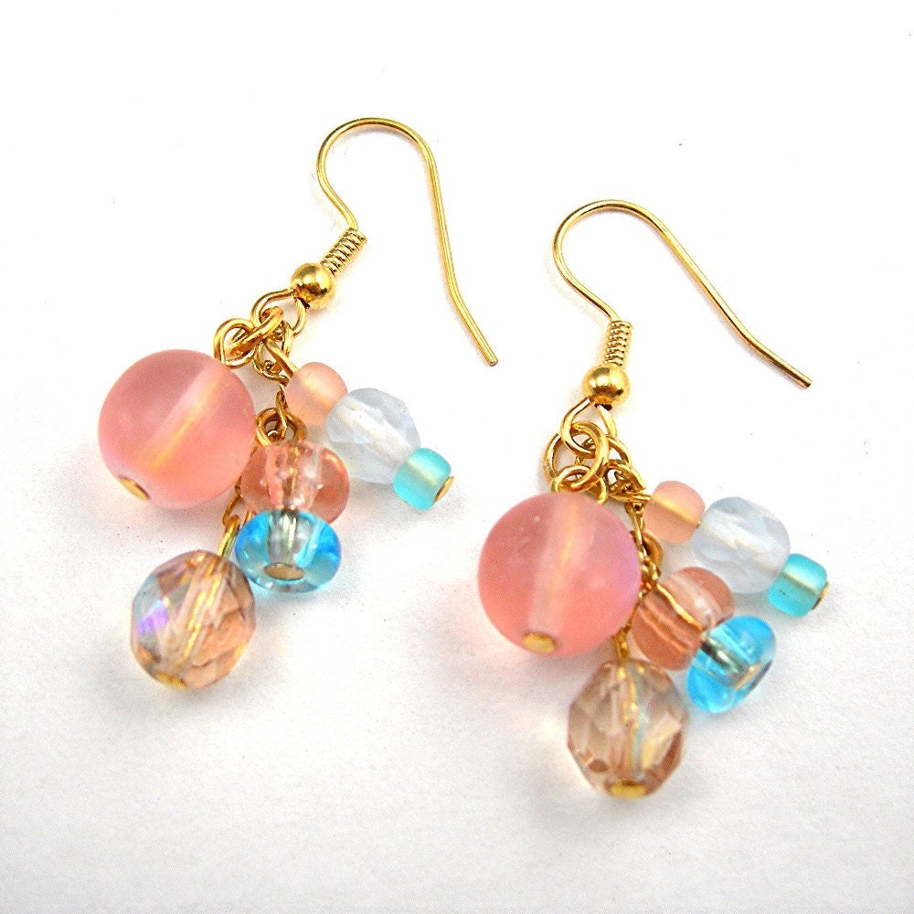 Handmade Glass Beads Dangle Earrings Goldplated Ear Wires Pierced Coral Aqua Costume Jewelry Spring sprinFashion Accessory
