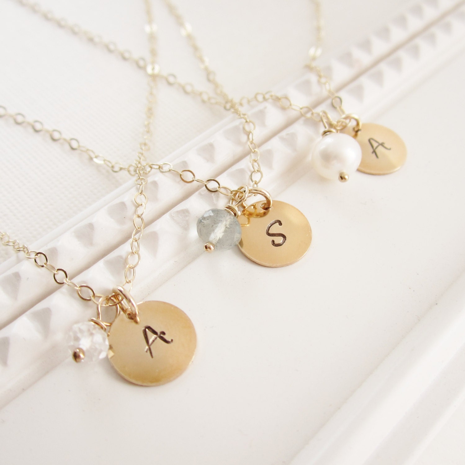Bridesmaid gift Set of THREE necklaces, personalized necklace, gold initial necklace, bridesmaid jewelry, custom birthstone, letter charm