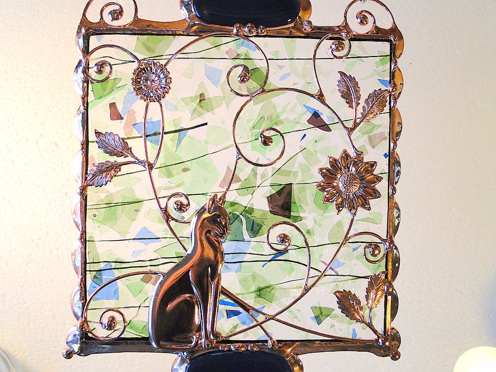 Floral with Cat on Handmade Glass.