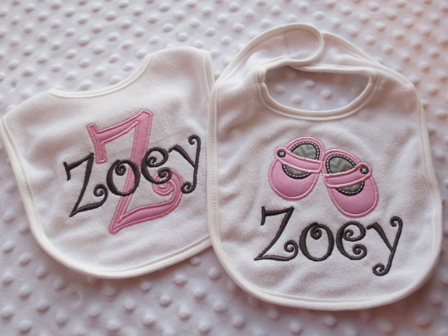 2 Applique baby Bibs with BaBy SHoeS on one and baby's initial on the other Pink and GRaY --- personalized with baby's name