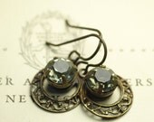 Vintage art nouveau earrings filigree brass grey rhinestone