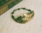 Brass leaf bracelet with wire wrapped vintage dark bronze pearls - Fall