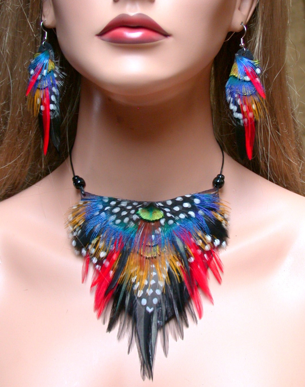 Fire Dancer Feather Necklace and Feather Earrings Set - Ready to Ship