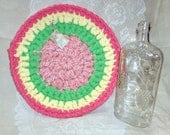 Refreshing "Spring Melon" Crocheted Rag Rug Trivet 13 inch Hot Pad Coaster Shabby Primitive