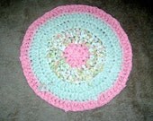Fresh Melon & Lime Primitive Crocheted Rag Rug 20" inch Round Coaster Table Runner Shabby Cottage Chic Reversible