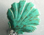 Magnetic Retractable ID Badge Reel,Turquoise Blue Seashell Cabochon Flecks of Gold on Clear  Badge Reel