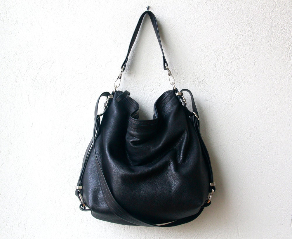 ready to ship price - Black leather & Bronze hardware - LARGE HOBO PACK  'three in one' - 11" laptop pocket