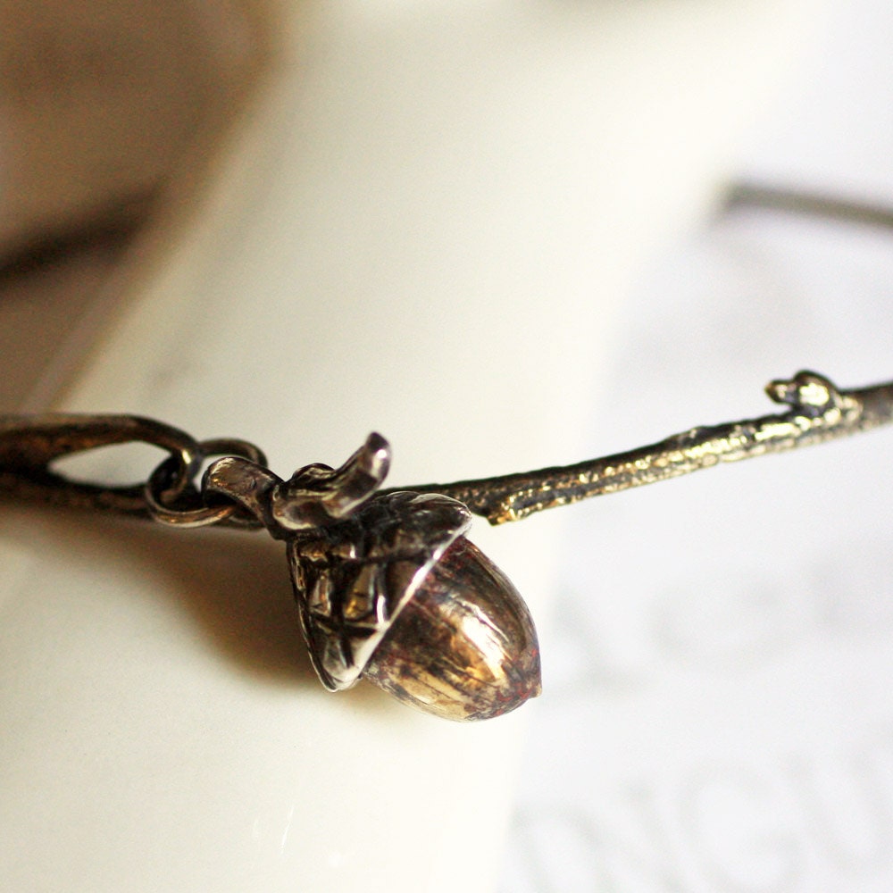 Golden Yellow Brass Twig Bracelet with a Tiny Acorn Nature Inspired Jewelry