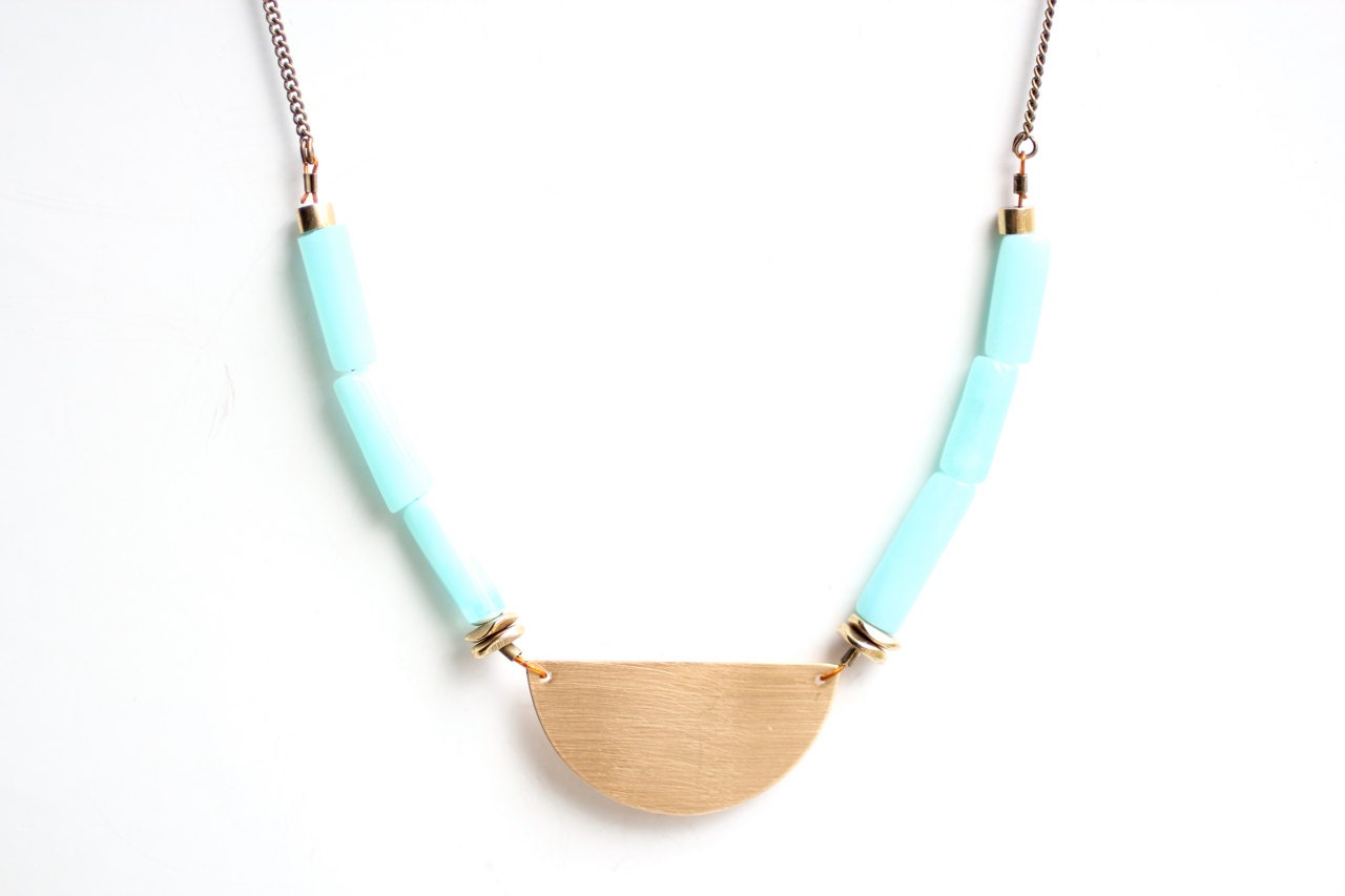 Brass Semicircle Mint Peruvian Opal Bead Necklace