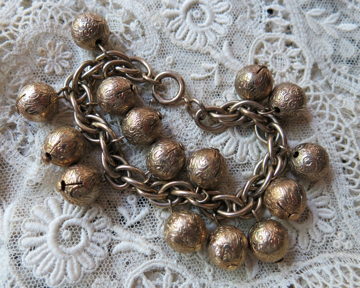 Vintage Etched Brass Ball Bracelet ... Heavy