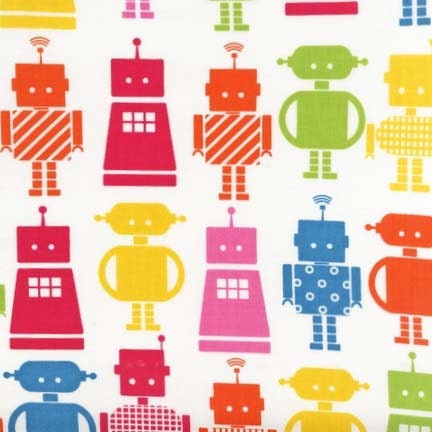 Funbots fabric by Ann Kelle for Robert Kaufman, Funbots in Bright- 1 yard or by the yard