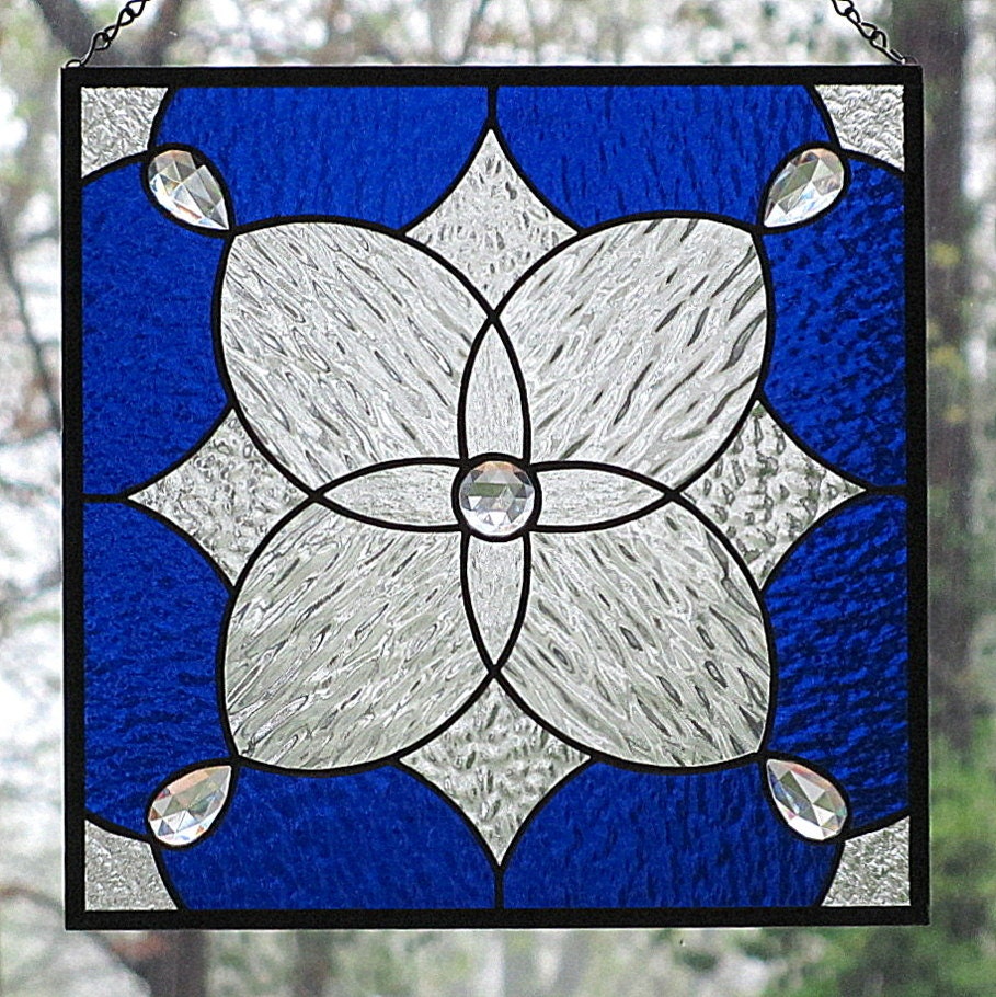 Cobalt Blue Stained Glass Panel Clear Textures and Jewels