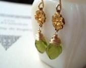 Brass Flower and Green Leaf Earrings 14K Gold Filled Vintage Style Nature Inspired