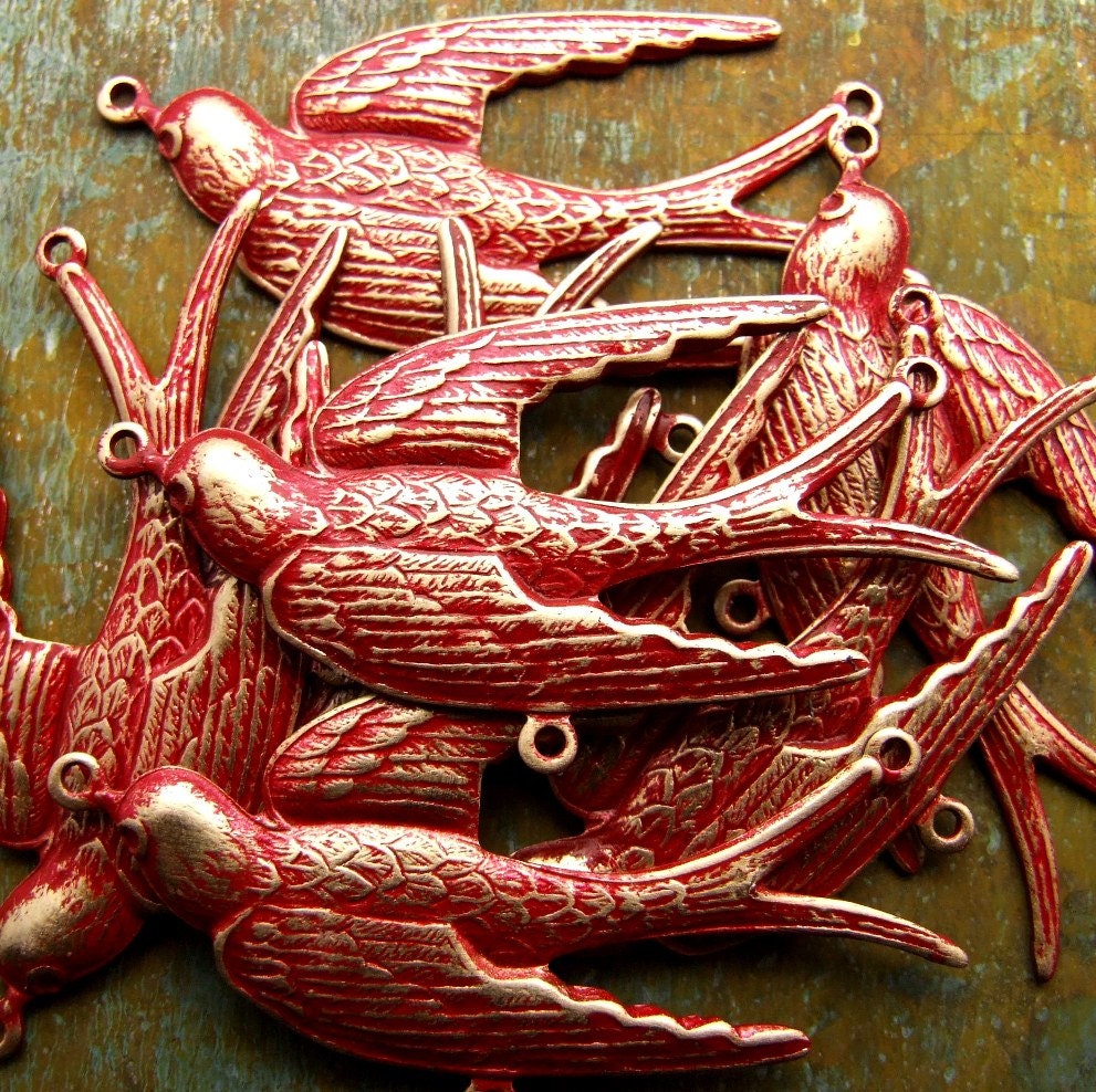 NEW - Large Brass Swallow Connector Charm - Rustic Red