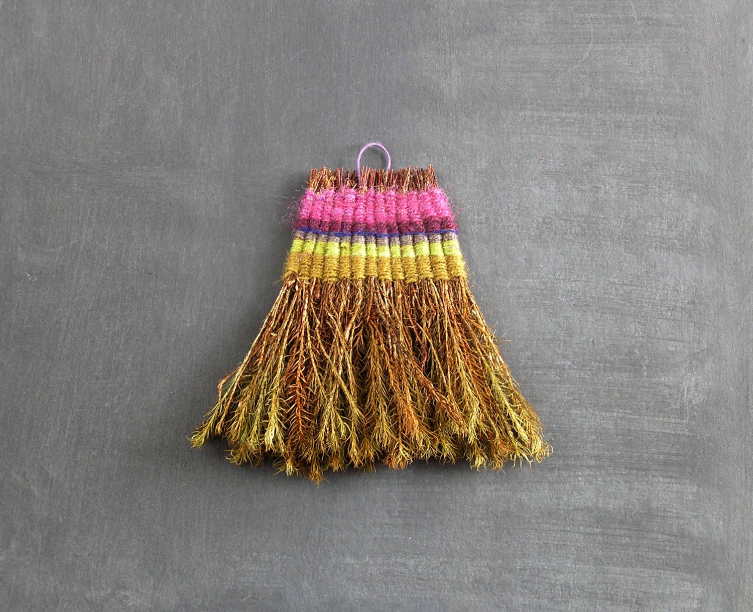 Woodland decor  - stripe colorblock ornament -  moss  broom - green pink purple - nature brush