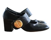 60's Vintage Black Ultra Mod Large Button Strap Leather High Heel Shoes