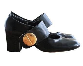 60's Vintage Black Ultra Mod Large Button Strap Leather High Heel Shoes