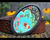 The Marilyn Belt.   Leather Belt with Bodacious Flower (Amy Butler)  Belt Buckle