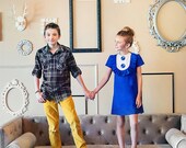 Retro  1960's style  Royal blue Layla dress... with bib and ruffle-children clothing