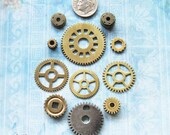 Antique Clock Wheel Parts Lot 11 Brass Industrial Clock Gear Movement Cogs for DIY Jewelry Altered Art Assemblage Steampunk