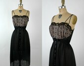 1950s Black Nightgown / Vintage Nylon Lace Negligee