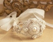 Pearl Crystal Bridal Cuff Bracelet /Wedding Jewelry / White Ribbon Ties / Silver Lace  "Serafina"