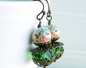 SALE Antique Brass Earrings - Faceted Crystal and Japanese Tensha Beads
