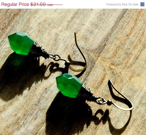 Summer Sale 10% Off Antiqued Brass Wire Wrapped Kryptonite Emerald  Green Crystal Earrings